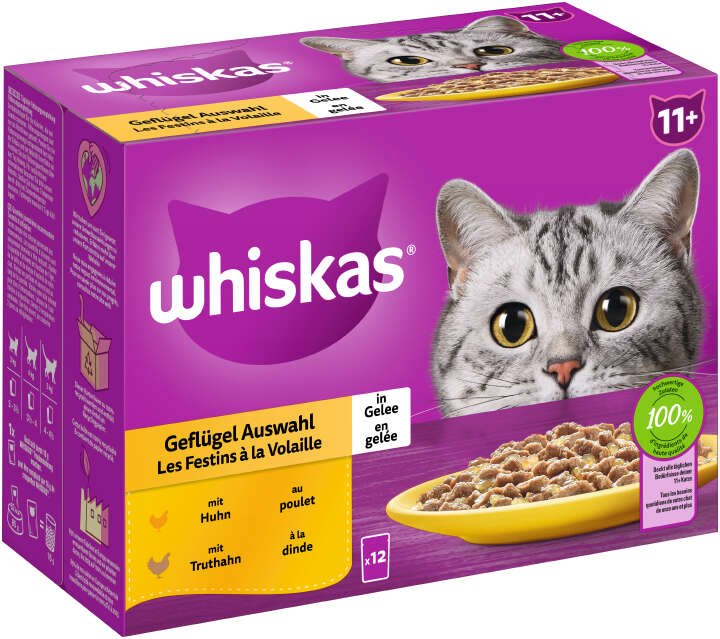 whiskas Katzen-Nassfutter Portionsbeutel Multipack 11+ Geflügel Auswahl in Gelee 12 x 85g